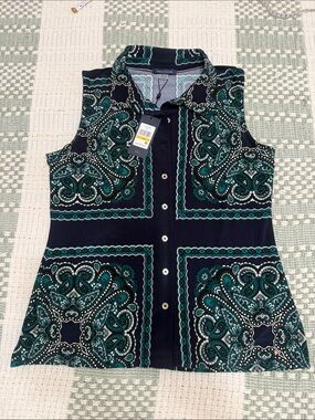 Tommy Hilfiger Navy & Teal Paisley Button-Down Sleeveless Top